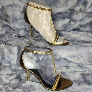 NWB Nine West Ropes3 Sandals Gold Metallic Chain T-Strap Stiletto Womens 10‎